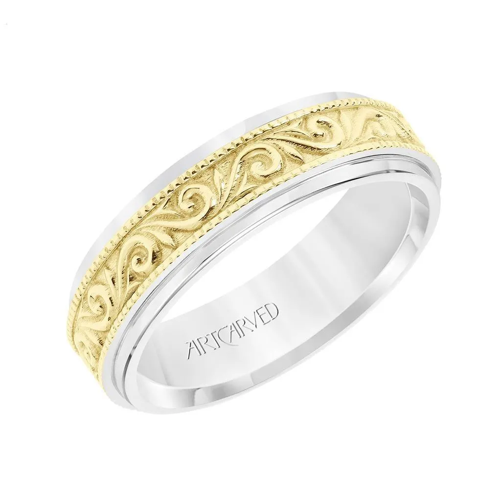 14k Two Toned White & Yellow Gold Wedding Band Raised Paisley Inlay Design Milgrain Detail Round Edges- 6.5 mm