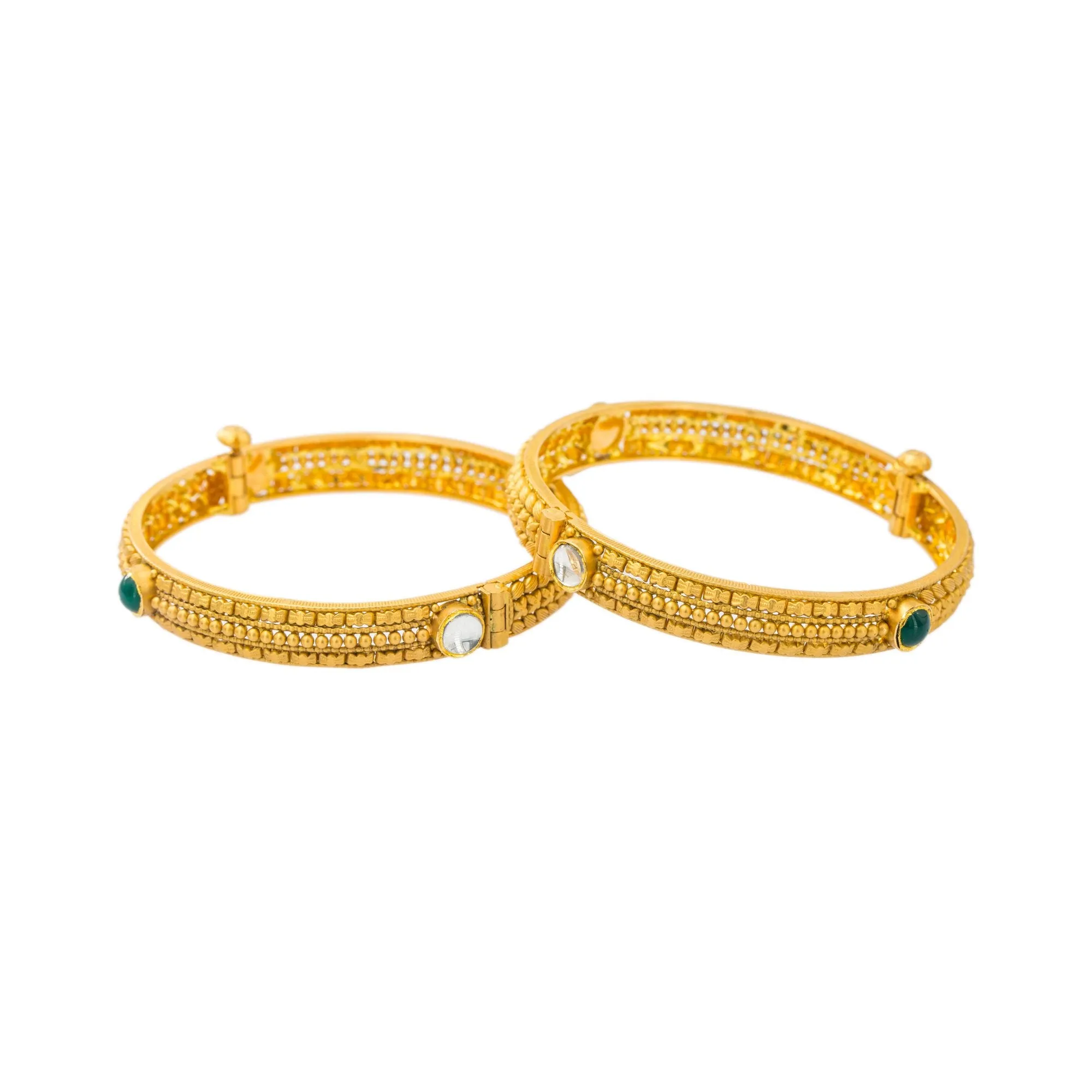 22K Yellow Antique Gold Openable Bangles Set of 2 W/ Kundan & Emeralds