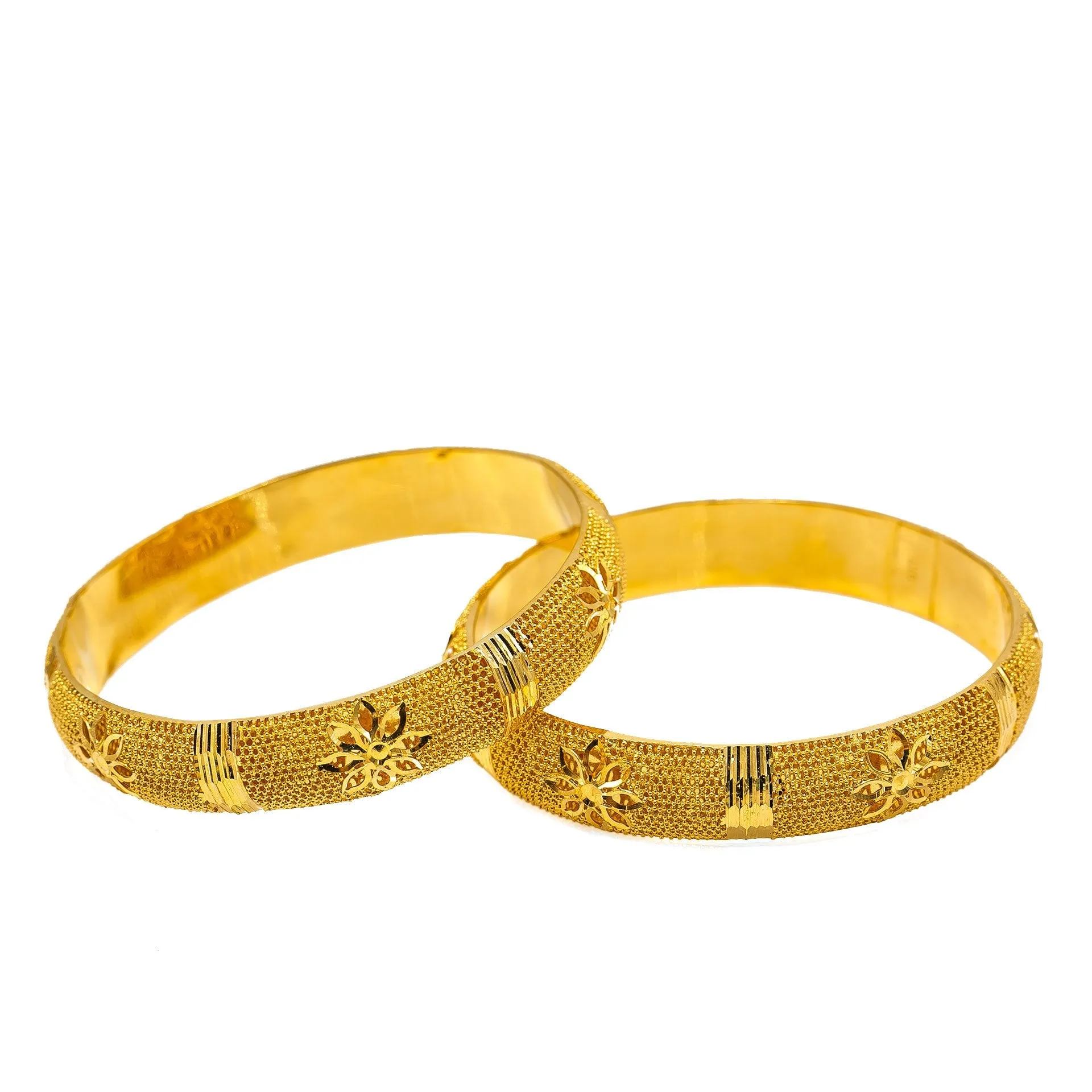 22K Yellow Gold Bangles Set of 2 W/ Flower Decals & Hollow Domed Frame