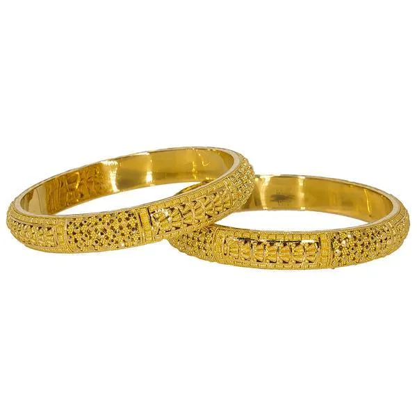 22K Yellow Gold Bangles Set of 2 W/ Thick Hollow Dome & Beaded Filigree, 43.3 gm