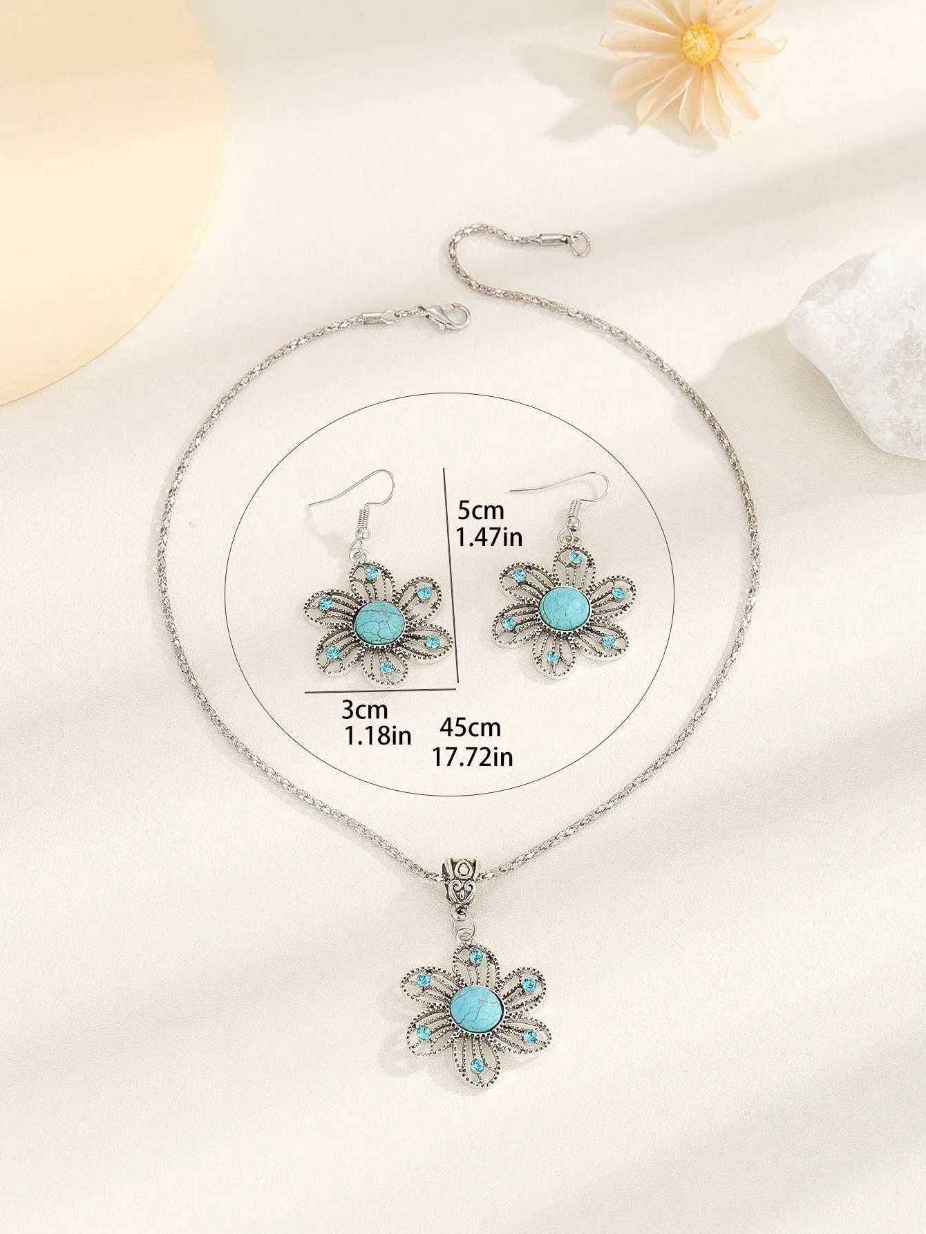 3pcs/set Bohemian Howlite Turquoise Decor Hollow Out Flower Charm Jewelry Set