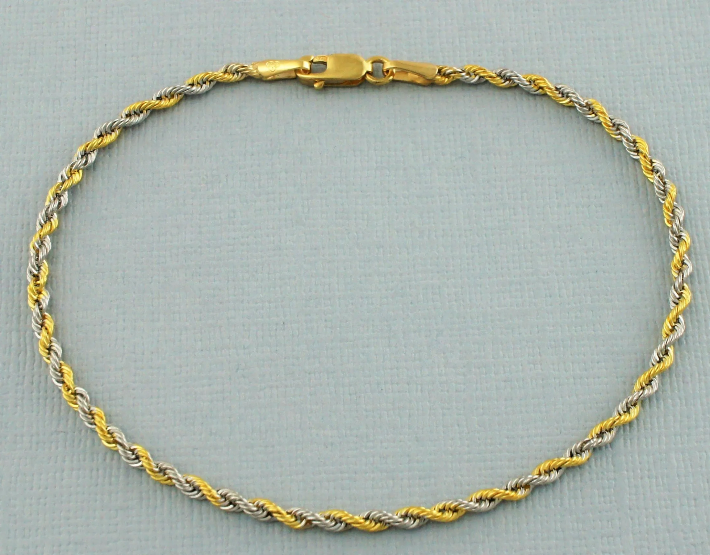 9ct Yellow & White Gold Hollow Rope Chain Bracelet  7.2"