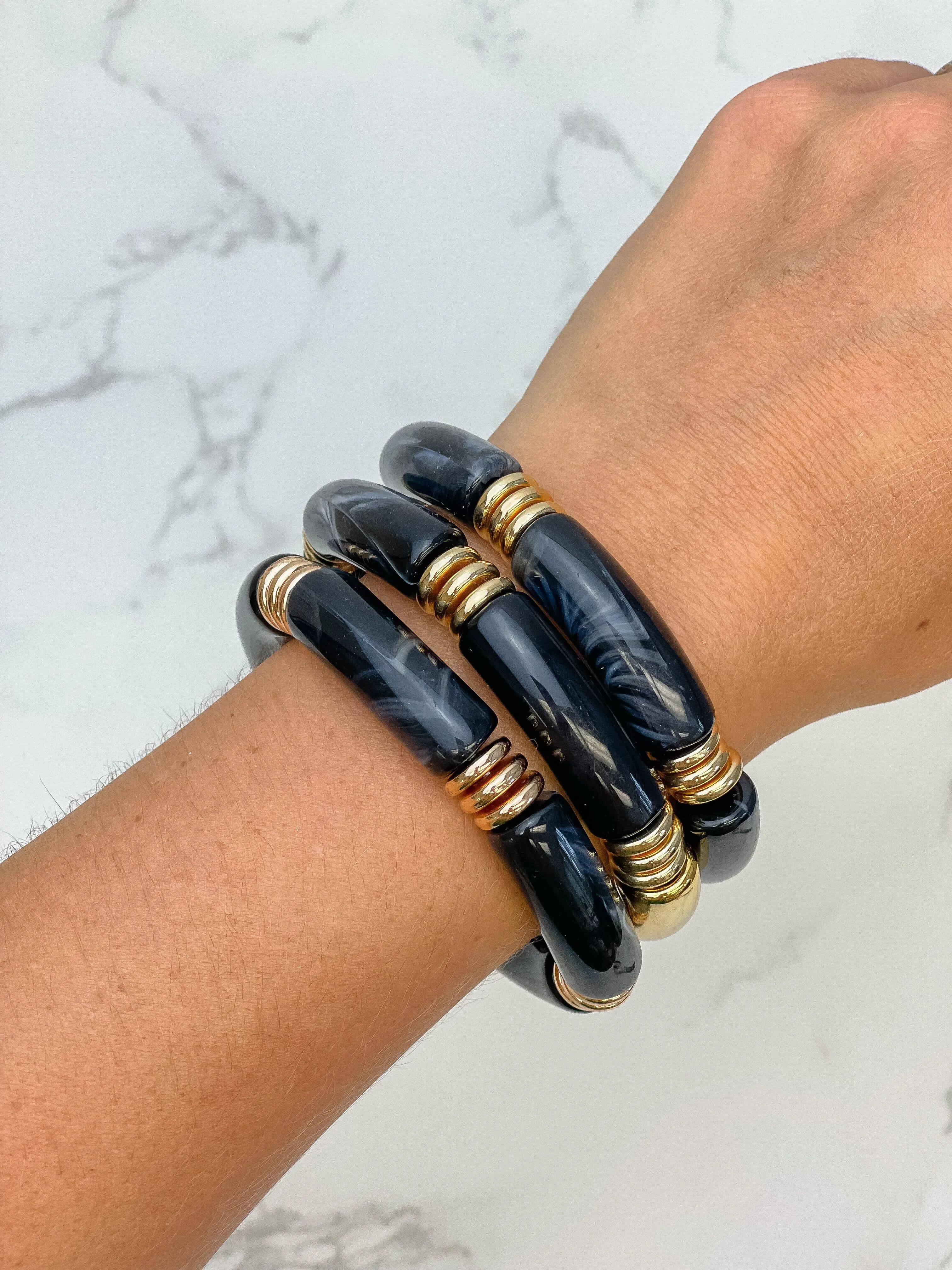 Acrylic Tube Stretch Bracelet Set - Black