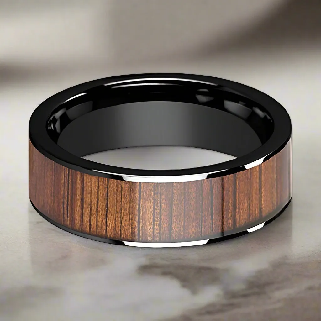 ATREUS | Black Ceramic Ring, Koa Wood Inlay, Flat