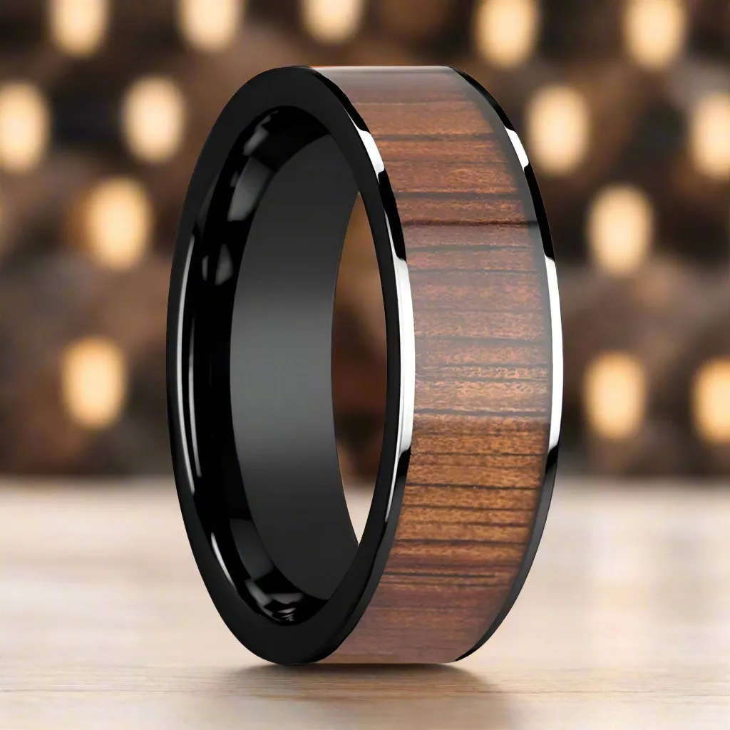 ATREUS | Black Ceramic Ring, Koa Wood Inlay, Flat