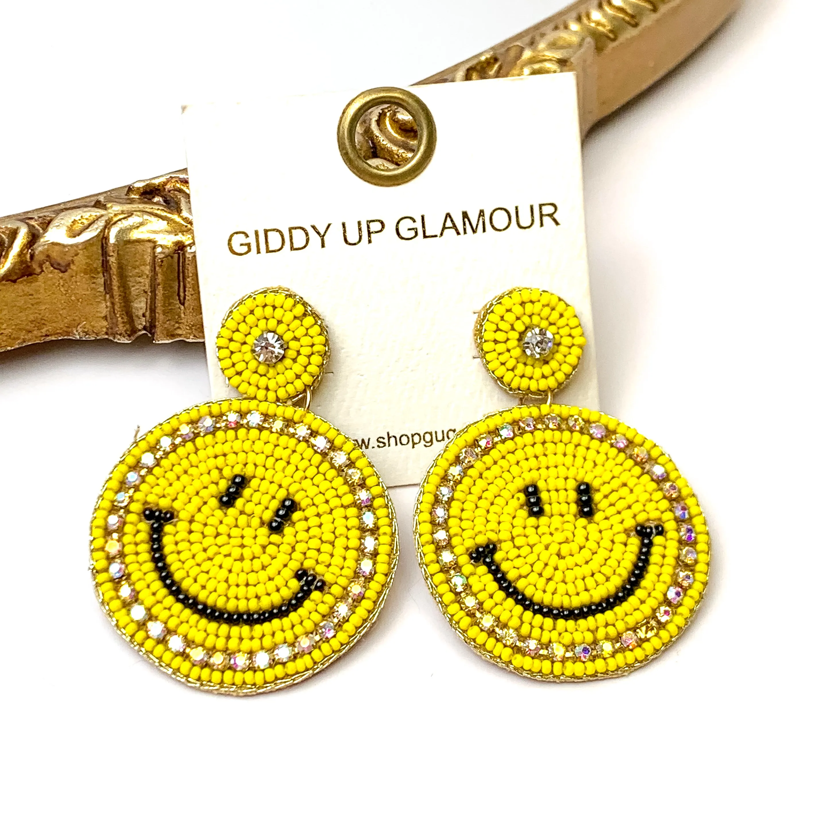 Beaded Happy Face Circle Drop Earrings with Crystal Outline in Yellow