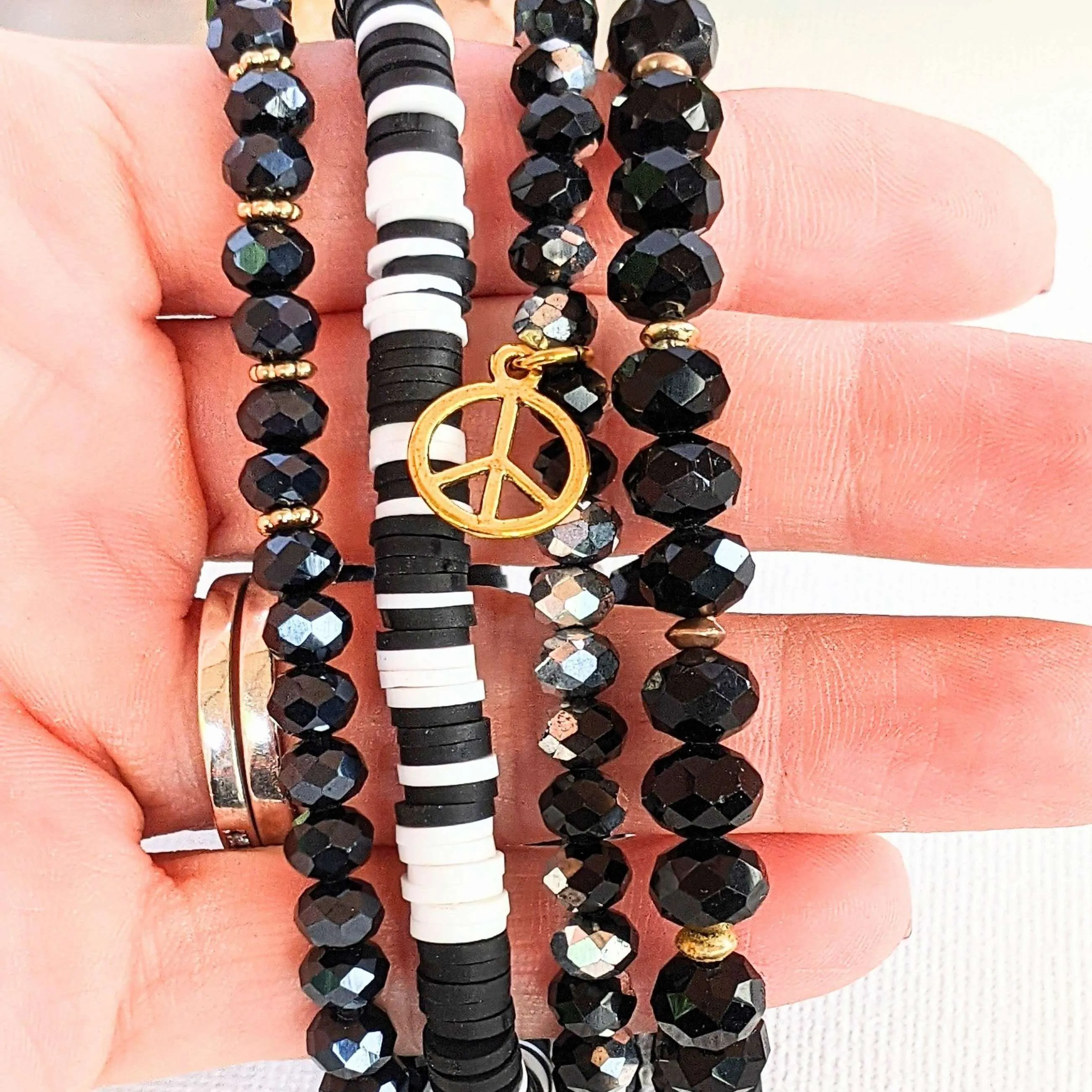 Black Crystal Peace Sign Stretch Bracelet Stack