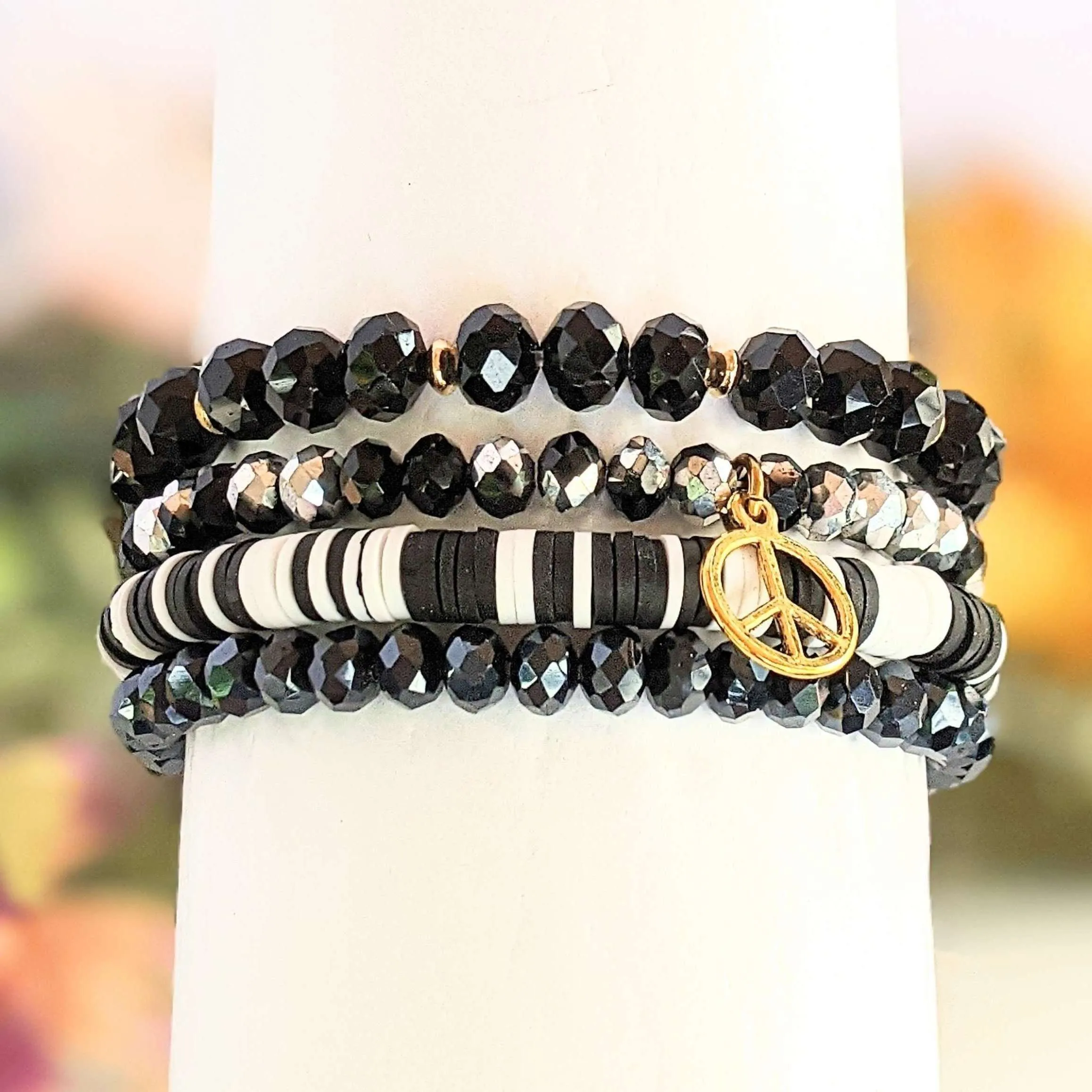 Black Crystal Peace Sign Stretch Bracelet Stack