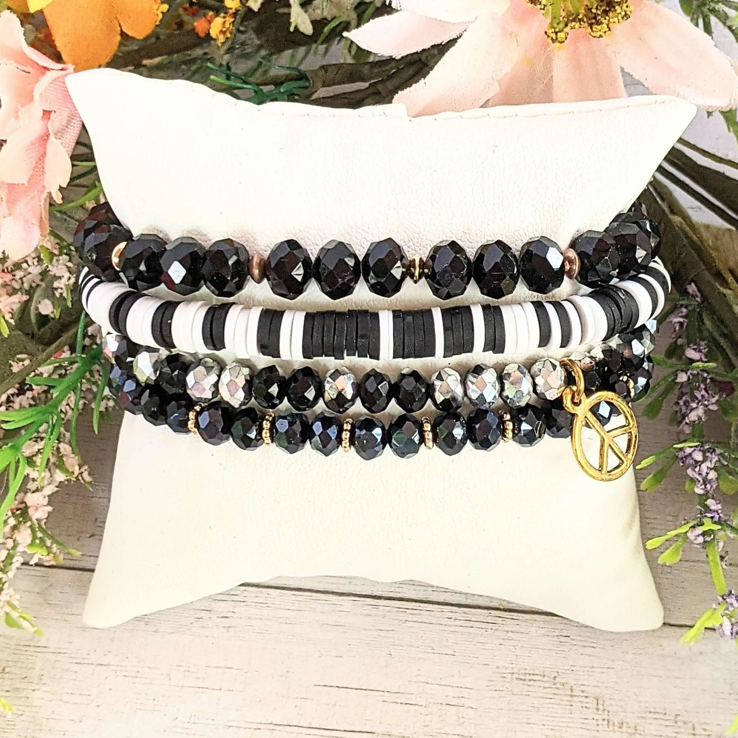 Black Crystal Peace Sign Stretch Bracelet Stack