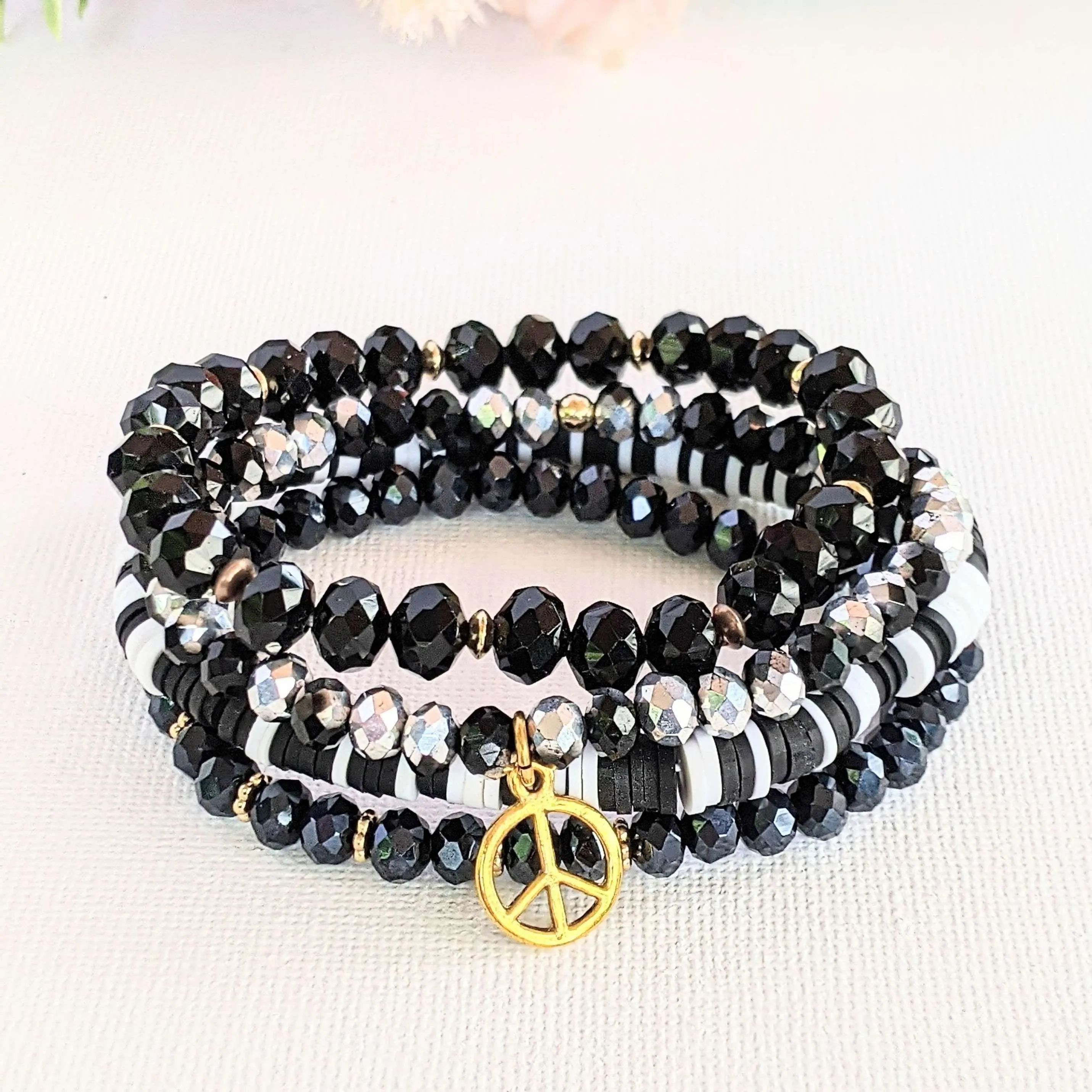 Black Crystal Peace Sign Stretch Bracelet Stack