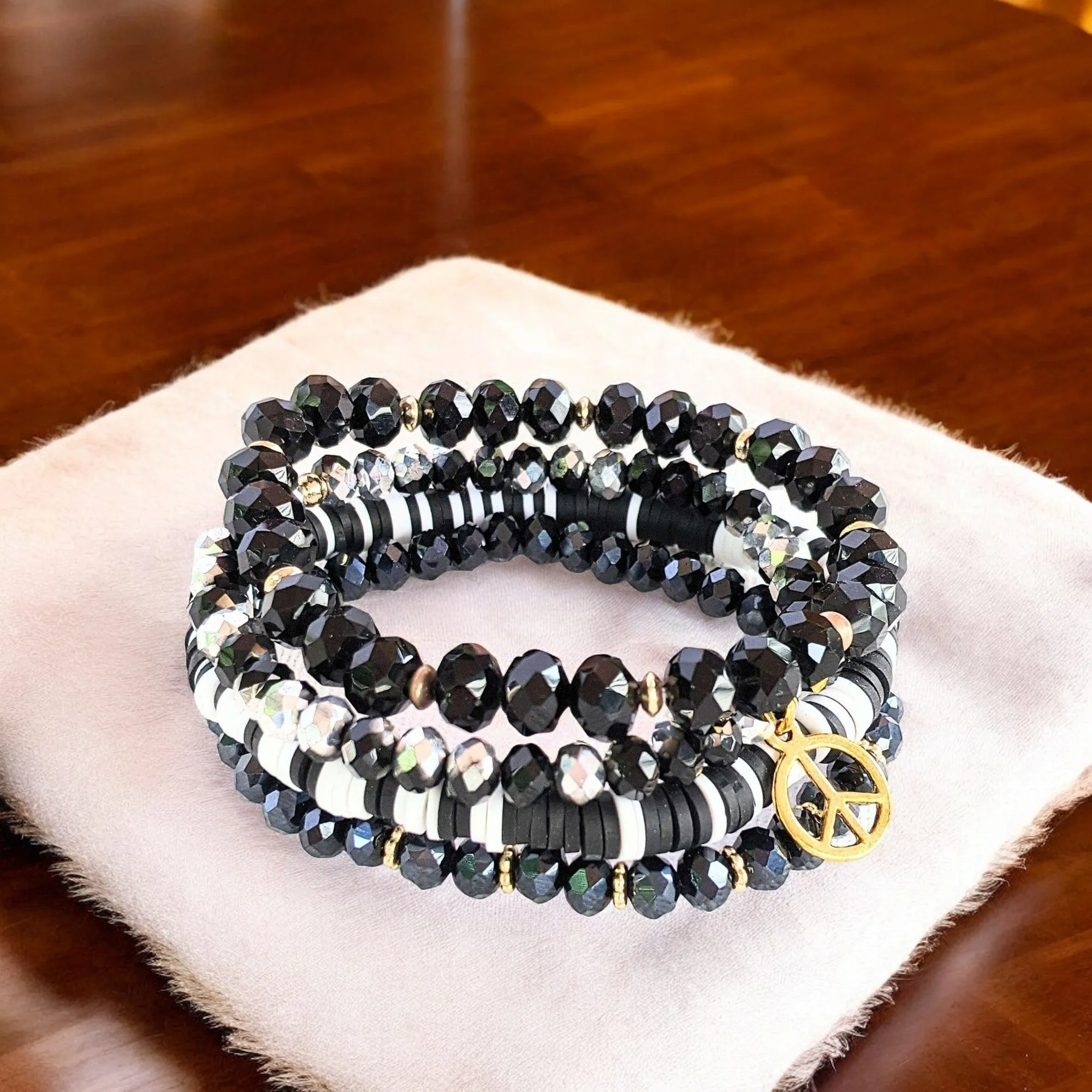 Black Crystal Peace Sign Stretch Bracelet Stack