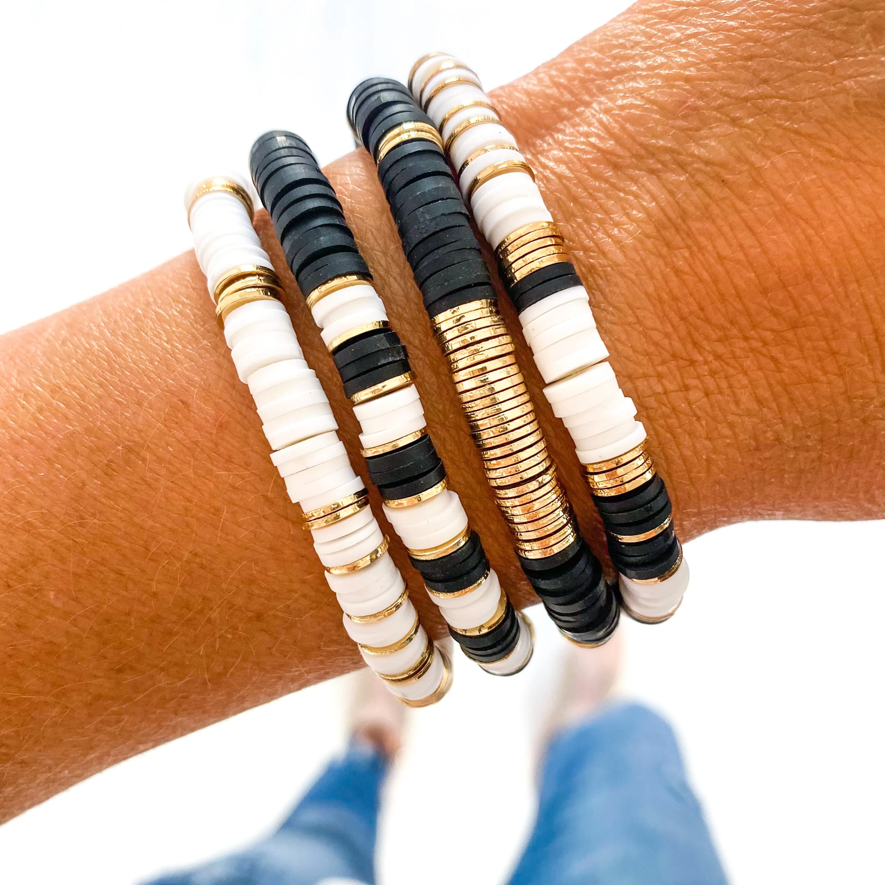 Black, White & Gold Heishi Bracelet Set