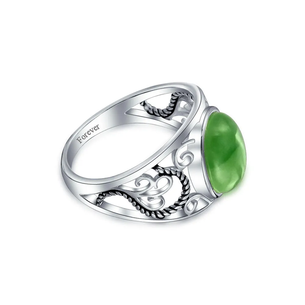 Boho Bali Silver Ring with Green Jade Cabochon and Filigree Design