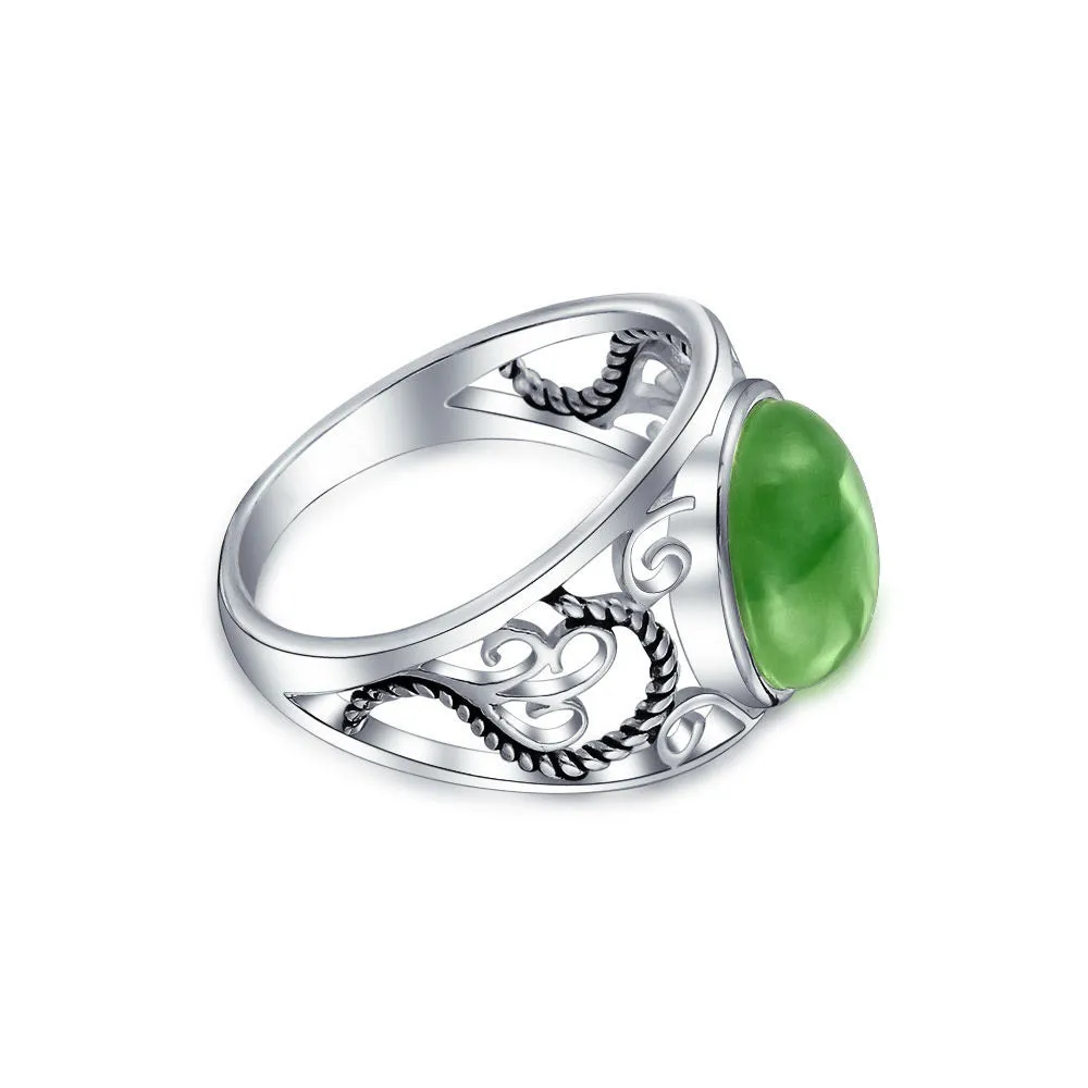 Boho Bali Silver Ring with Green Jade Cabochon and Filigree Design