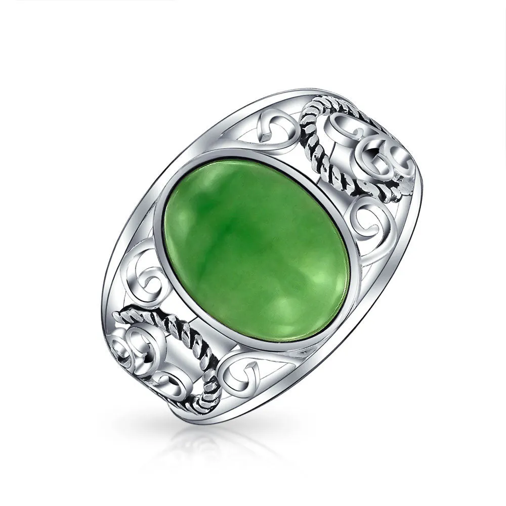 Boho Bali Silver Ring with Green Jade Cabochon and Filigree Design