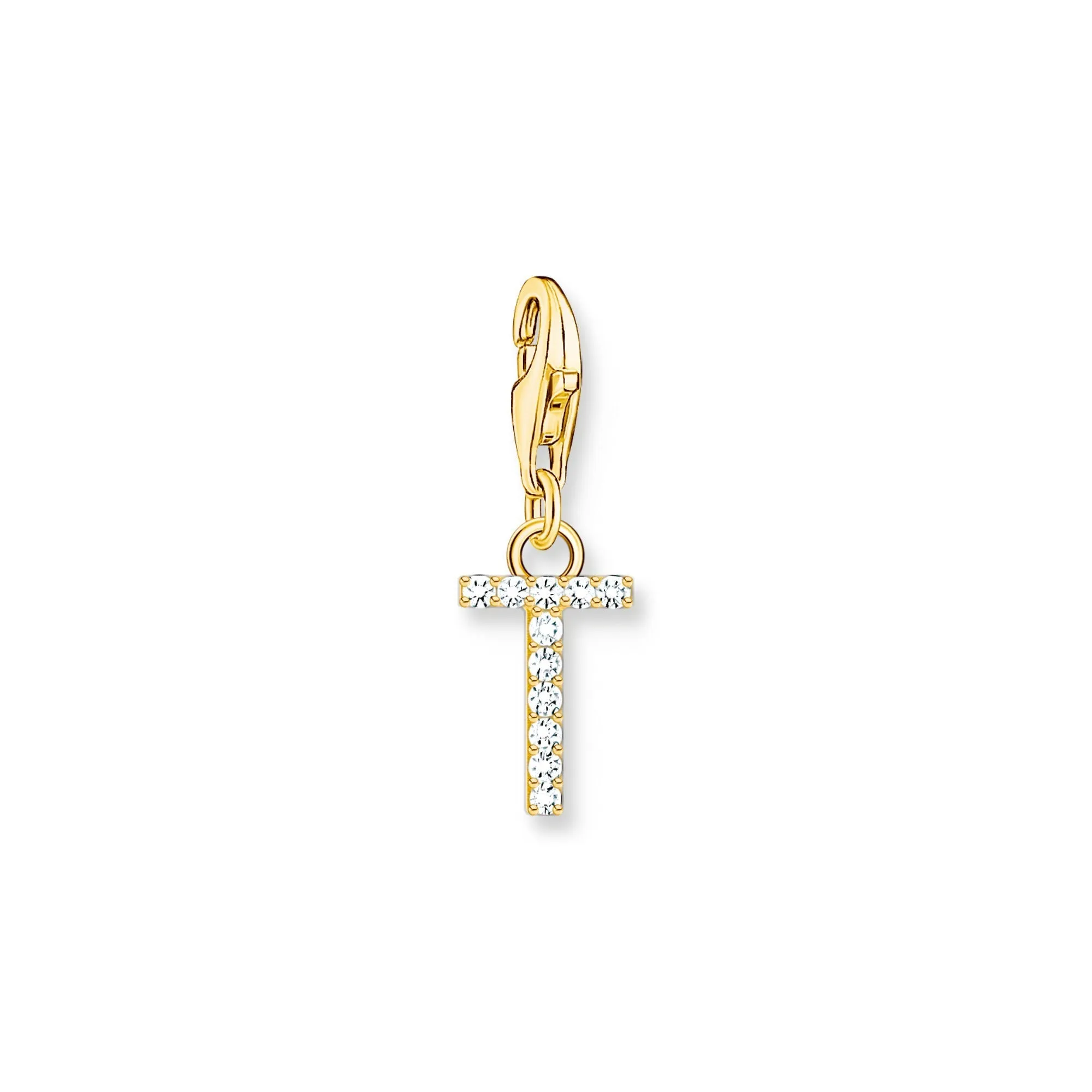 Charm pendant letter T with white stones gold plated