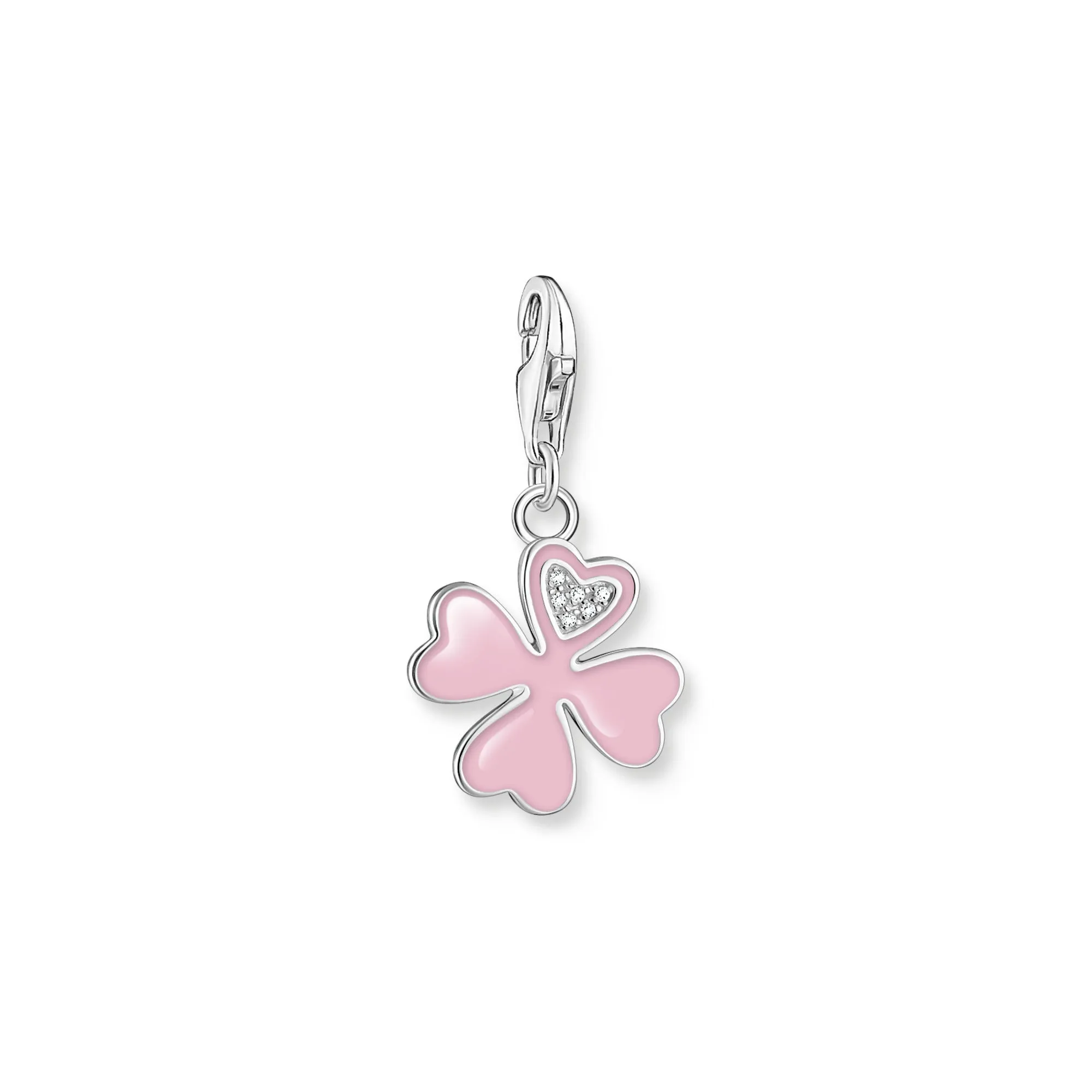 Charm pendant pink cloverleaf with white stones silver