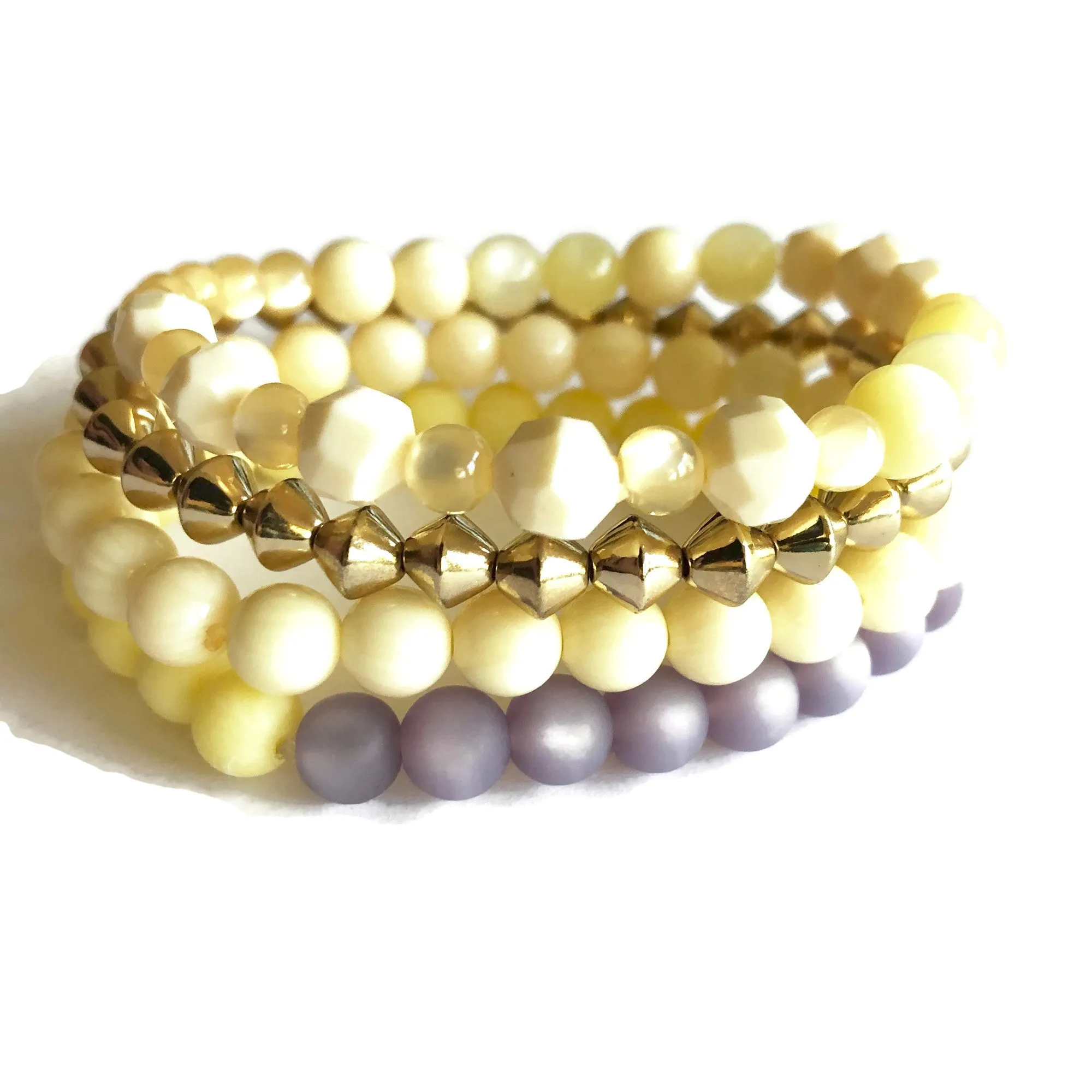 Cream & Lilac and Golds Stack & Stretch Bracelets Set *