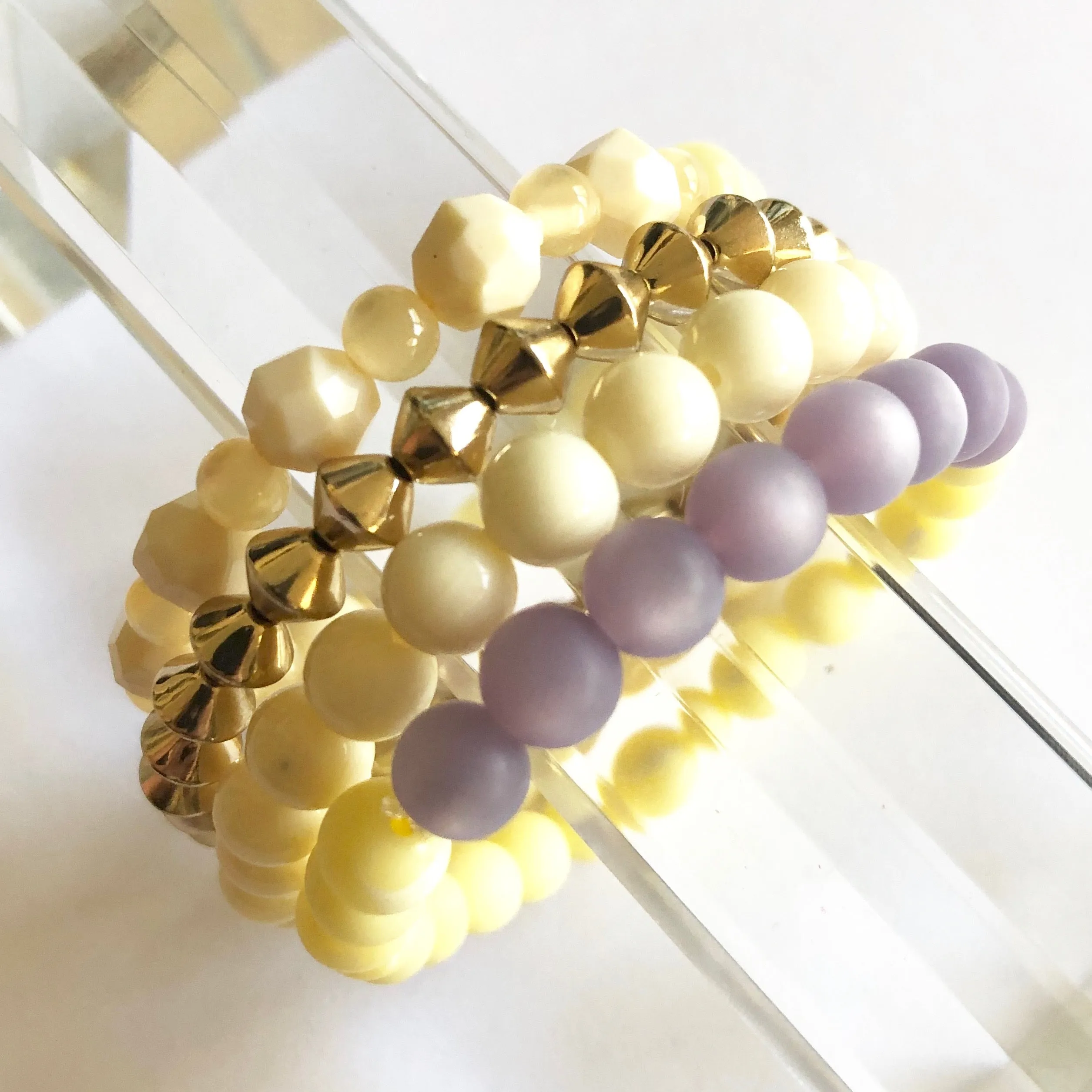 Cream & Lilac and Golds Stack & Stretch Bracelets Set *