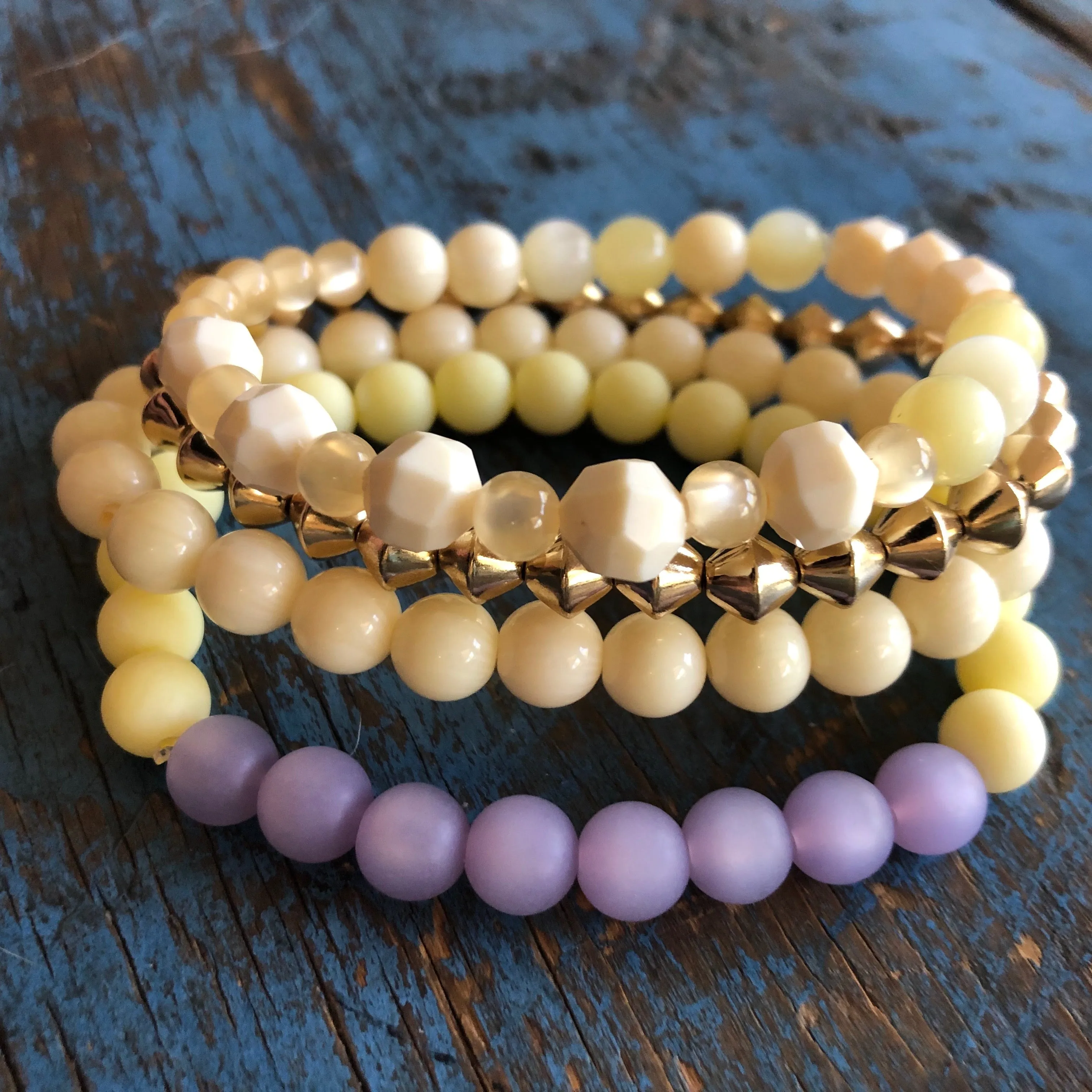 Cream & Lilac and Golds Stack & Stretch Bracelets Set *