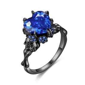 Double Skull Band Blue Heart Shaped Zircon Ring