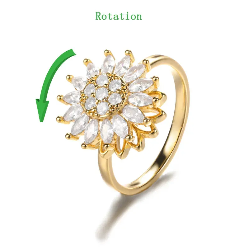 Fashion Crystal Sunflower Rings For Women Rotatable Anti Stress Anxiety Zircon Adjustable Ring You Are My Sunshine Jewelry Gifts