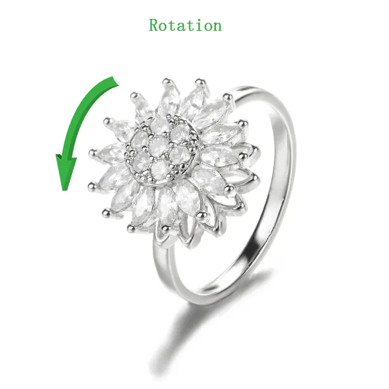 Fashion Crystal Sunflower Rings For Women Rotatable Anti Stress Anxiety Zircon Adjustable Ring You Are My Sunshine Jewelry Gifts