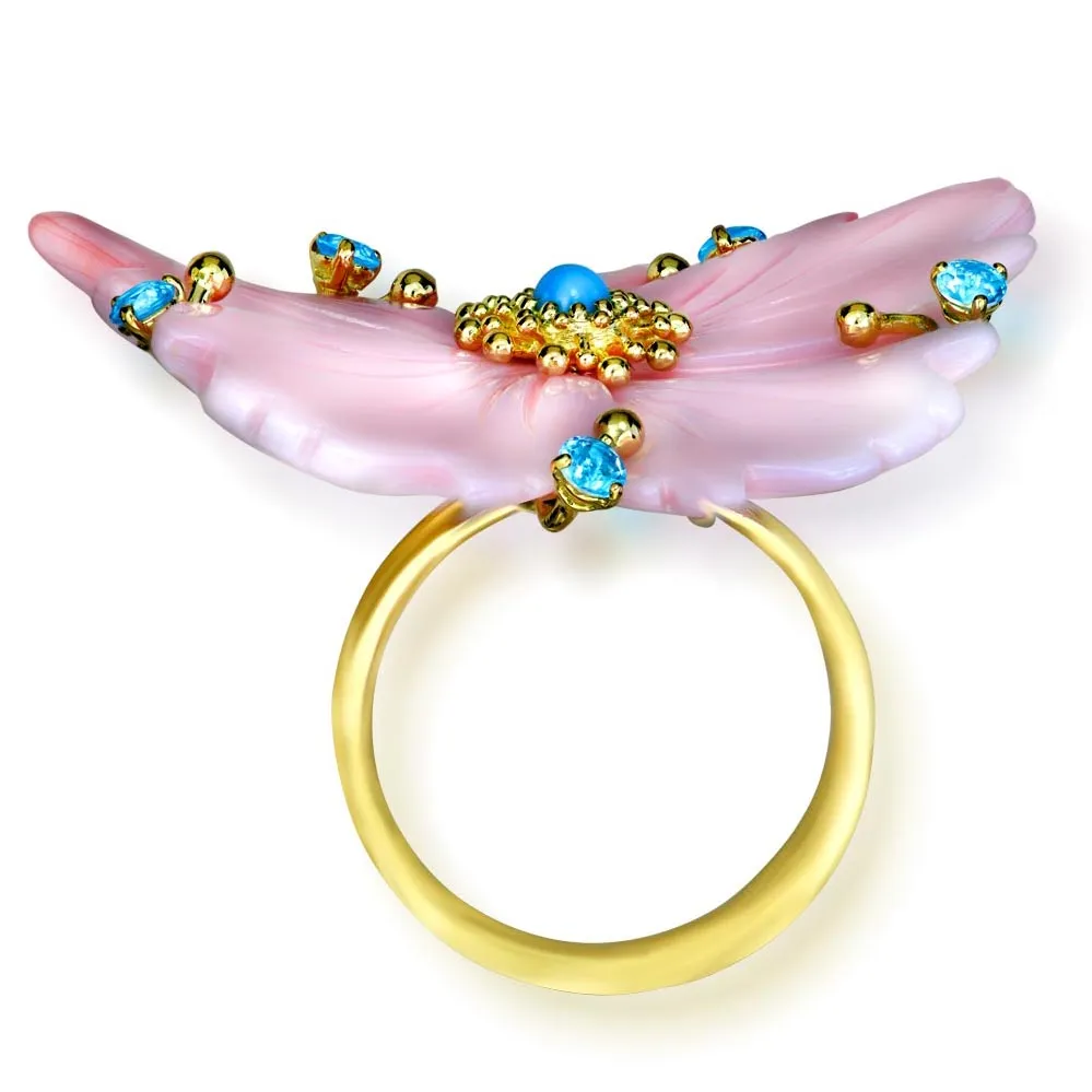 Gold Blossom Ring with Carved Mother Of Pearl