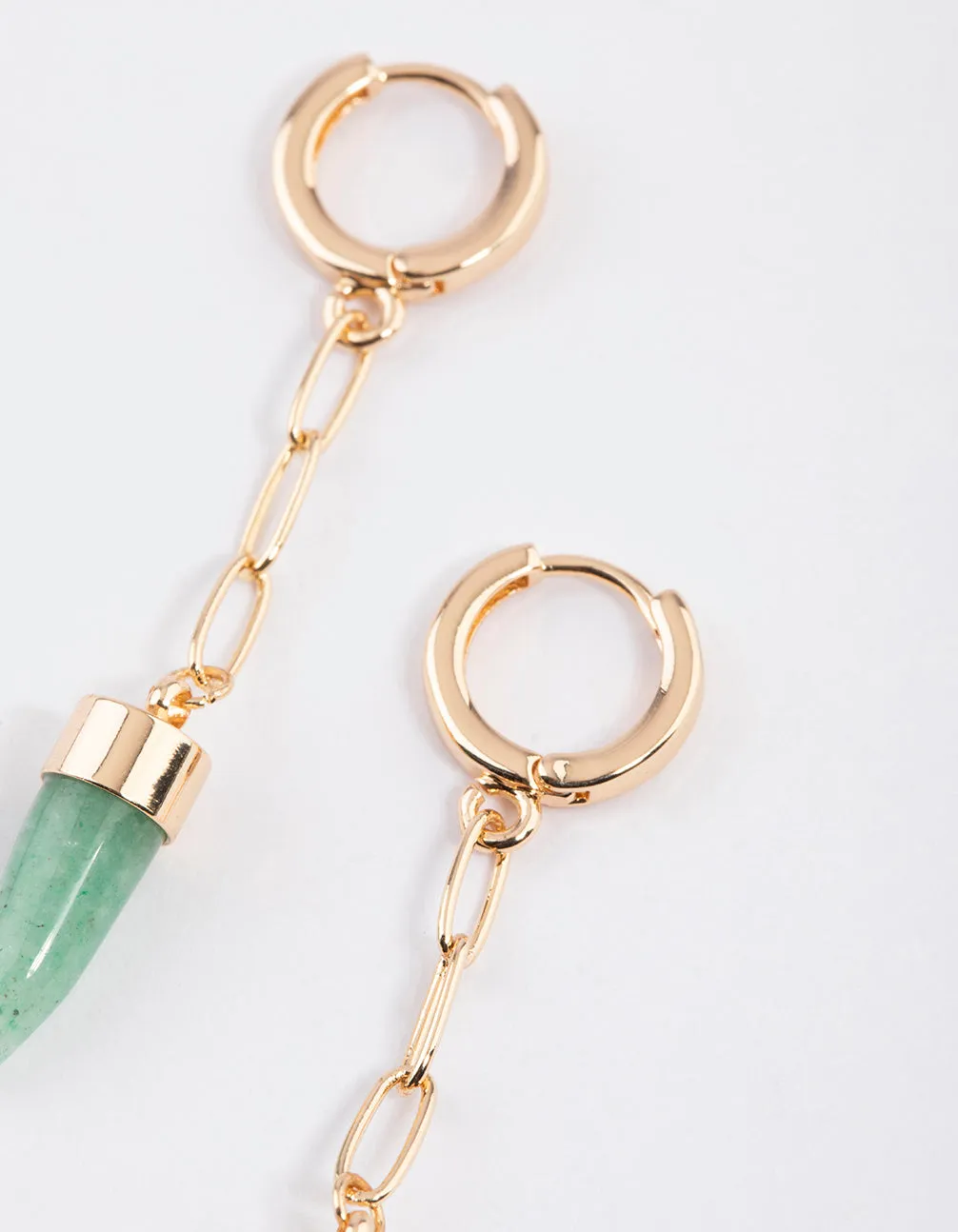 Gold Green Aventurine Chain Pointy Dome Earrings