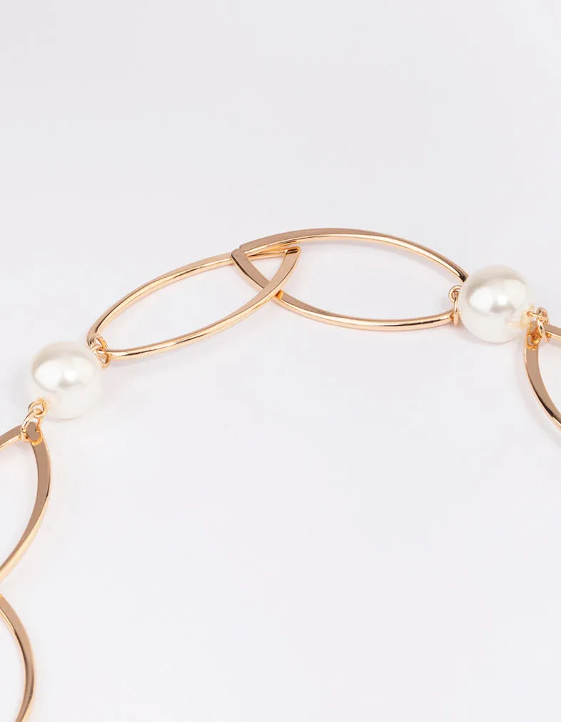 Gold Oval Pearl Link Chain Necklace