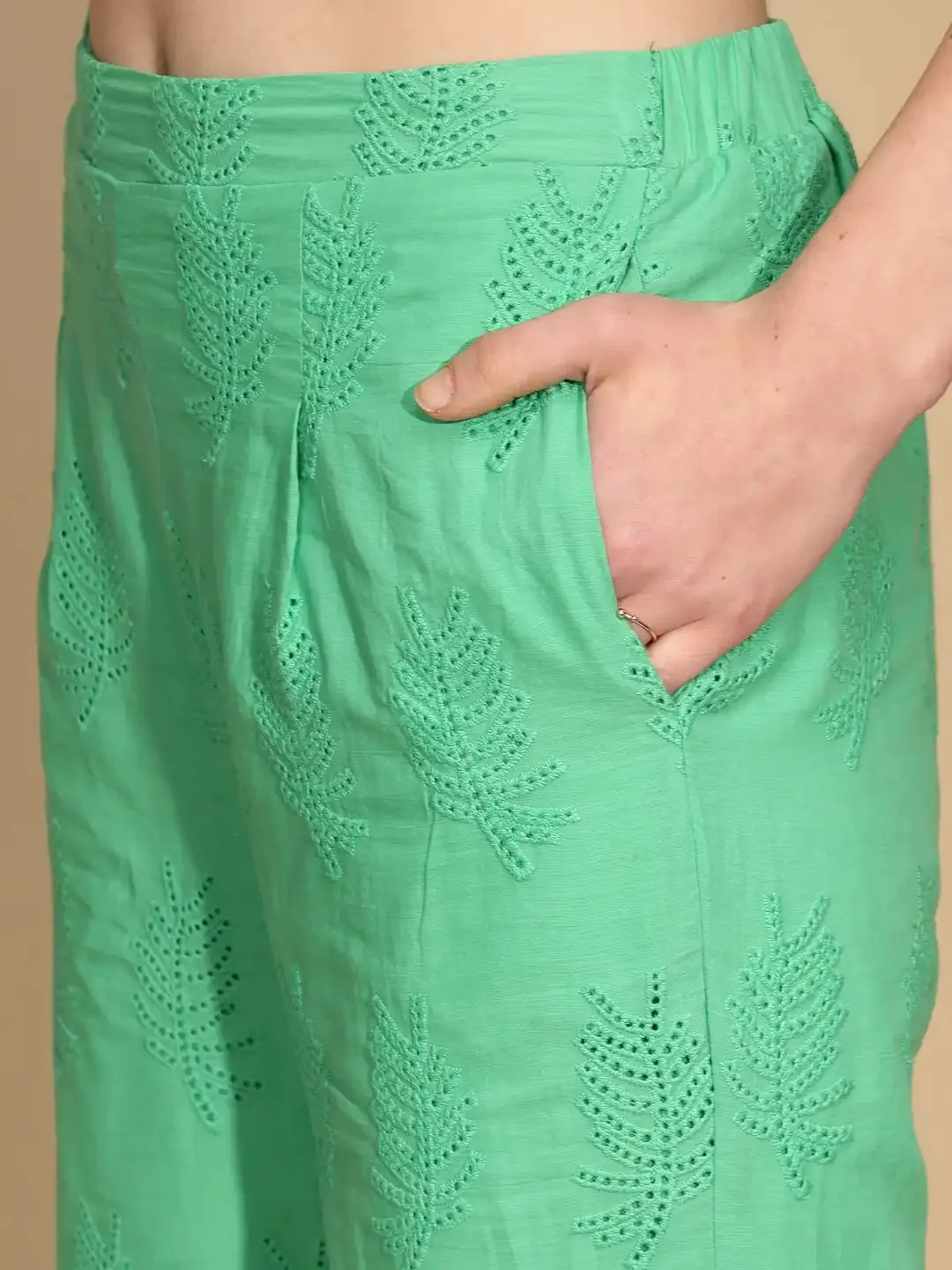 Green Cotton Regular Fit Lower For Women