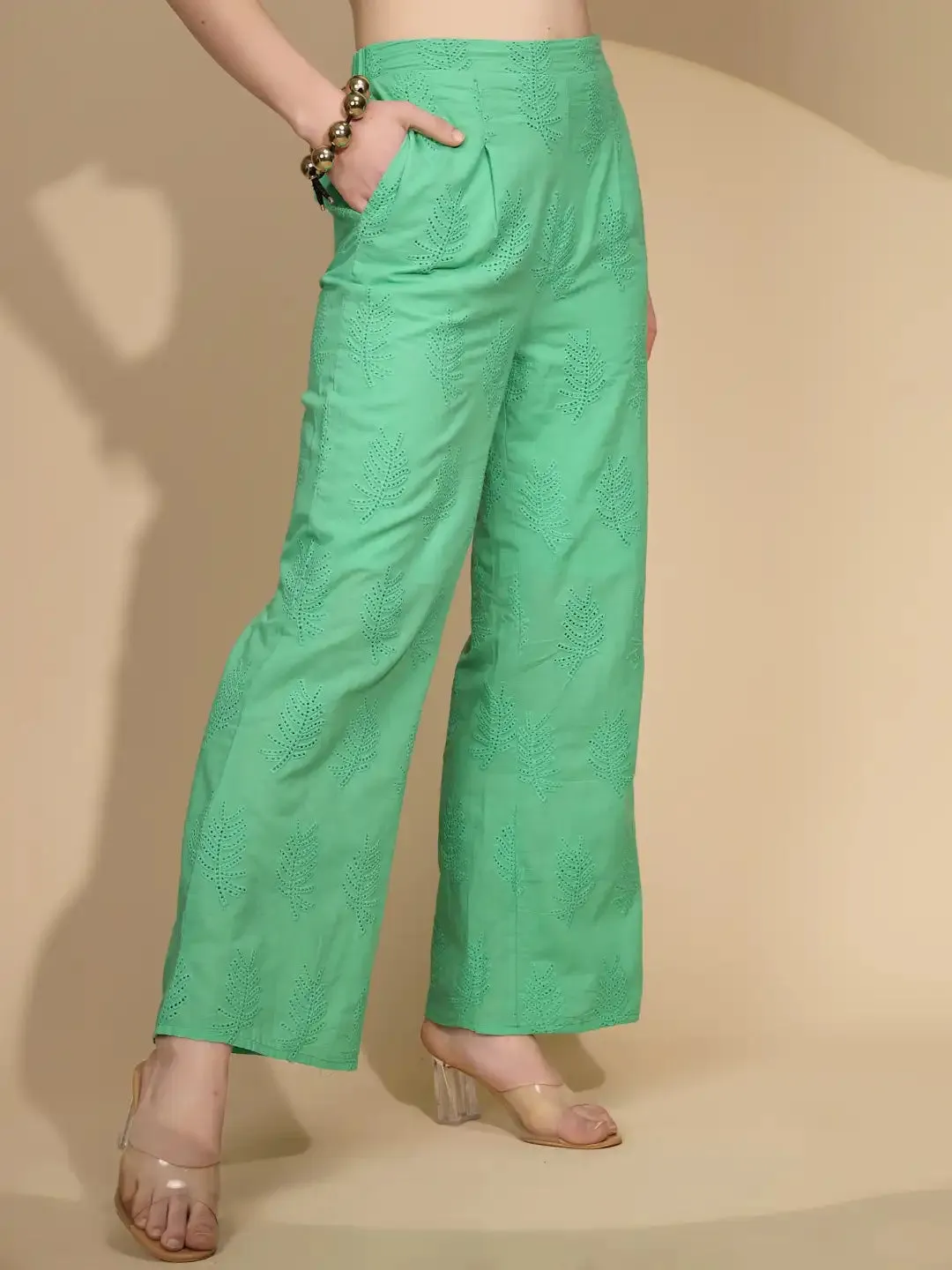 Green Cotton Regular Fit Lower For Women