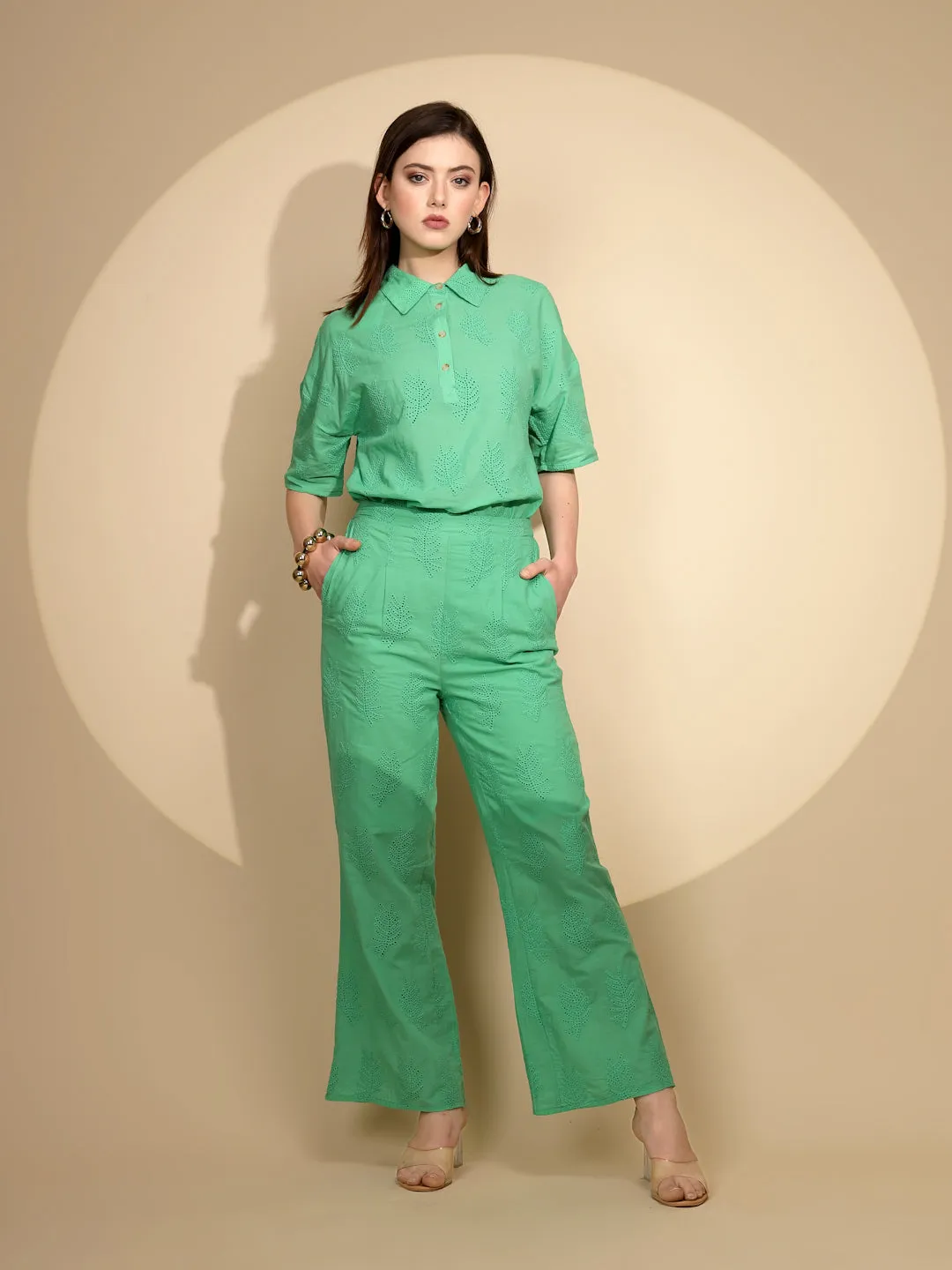 Green Cotton Regular Fit Lower For Women