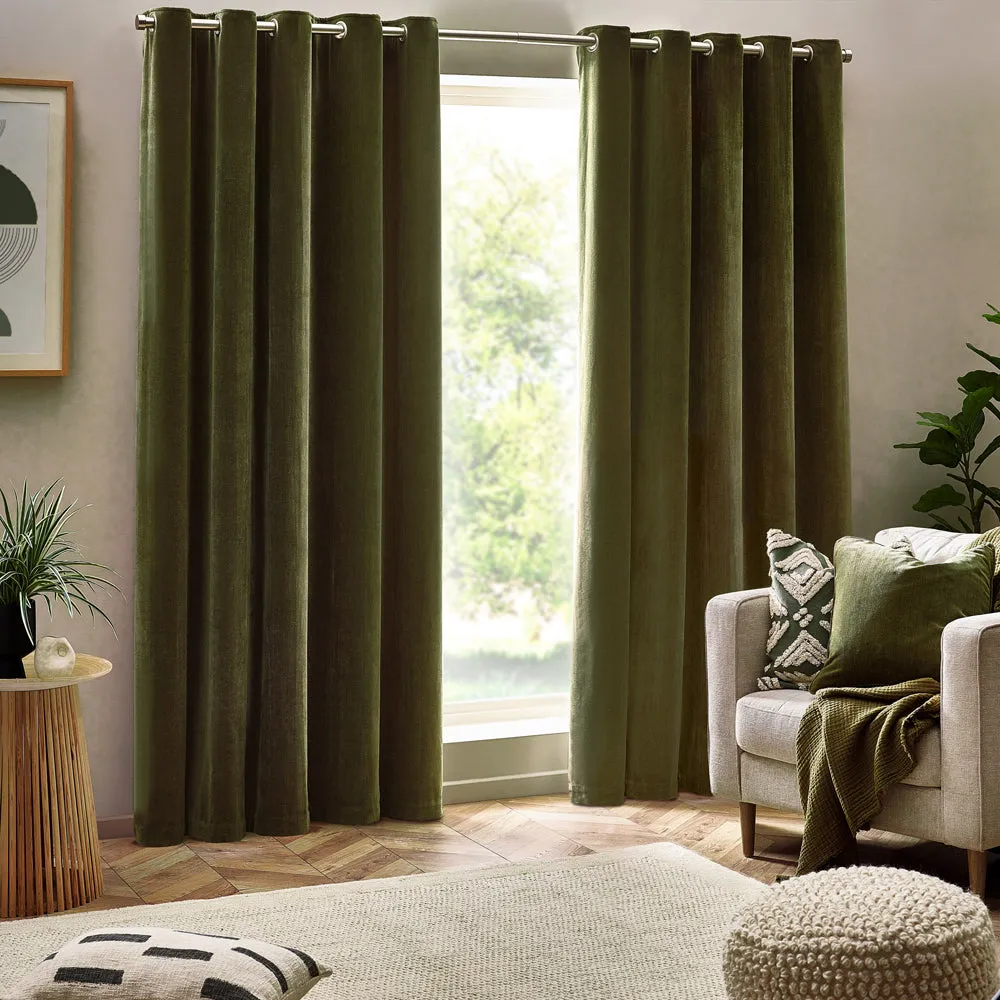 Heavy Chenille Room Darkening Eyelet Curtains Olive