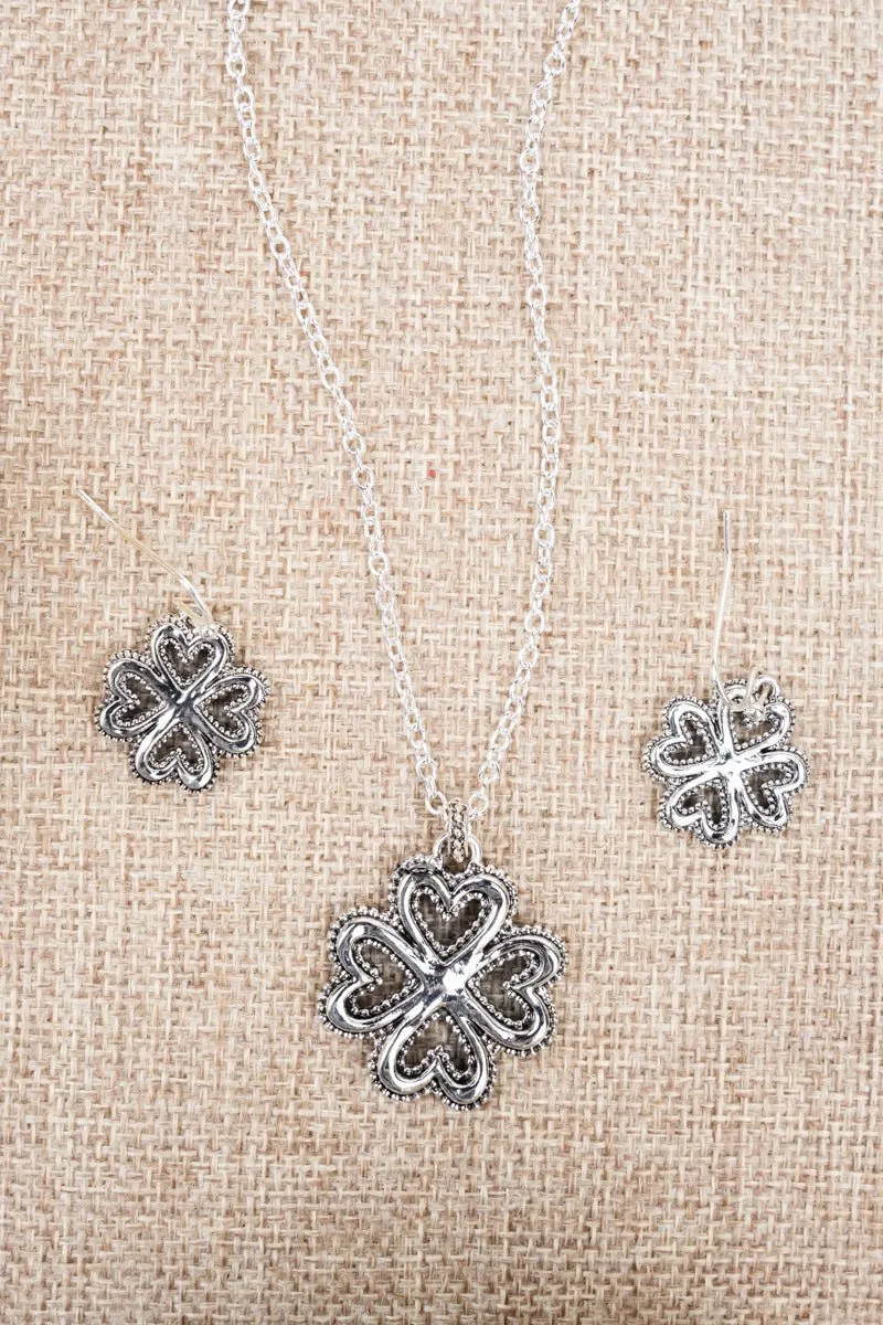 Lucky In Love Silvertone Pendant Necklace and Earring Set