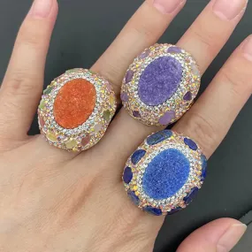 MAYTRENDS  -  Irregular Blue Green Pink Resin Stone Colorful Rhinestone Gold Color Luxury Shining Metal Rings for Women Girl Party Jewelry NEW