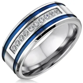 Mens Stainless Steel CZ Blue Stripes Rings for Him