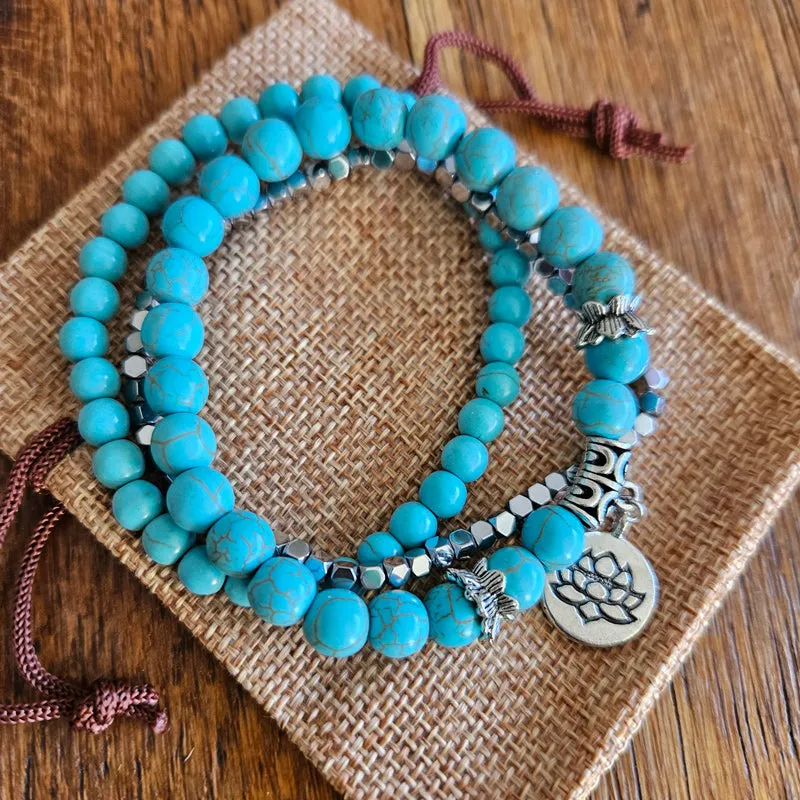 Natural Stone Lotus Triple Stack Bracelet - Turquoise