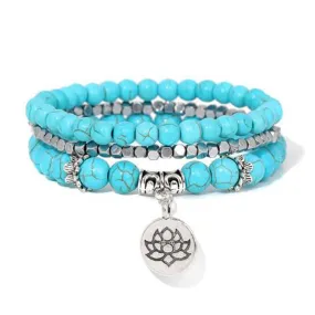 Natural Stone Lotus Triple Stack Bracelet - Turquoise