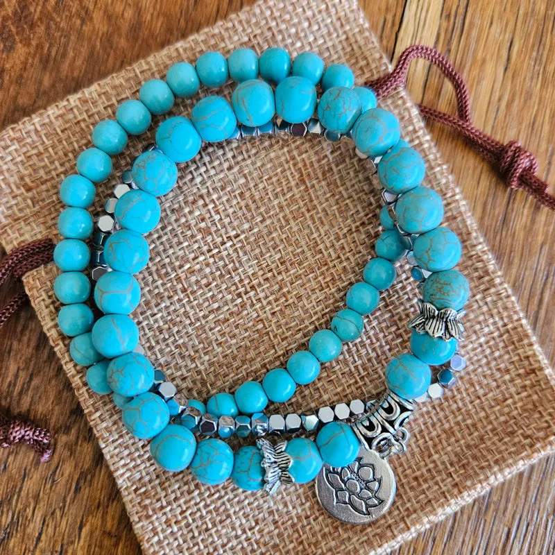 Natural Stone Lotus Triple Stack Bracelet - Turquoise