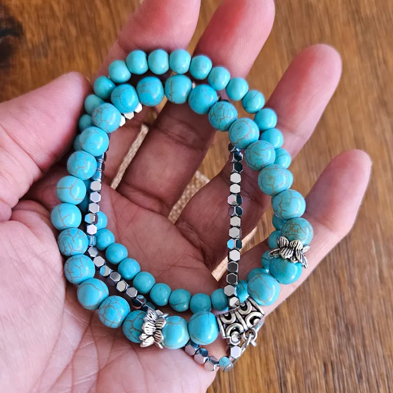 Natural Stone Lotus Triple Stack Bracelet - Turquoise