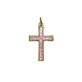 Pink Inlaid Shell Cross Charm For Charm Necklace & Bracelet