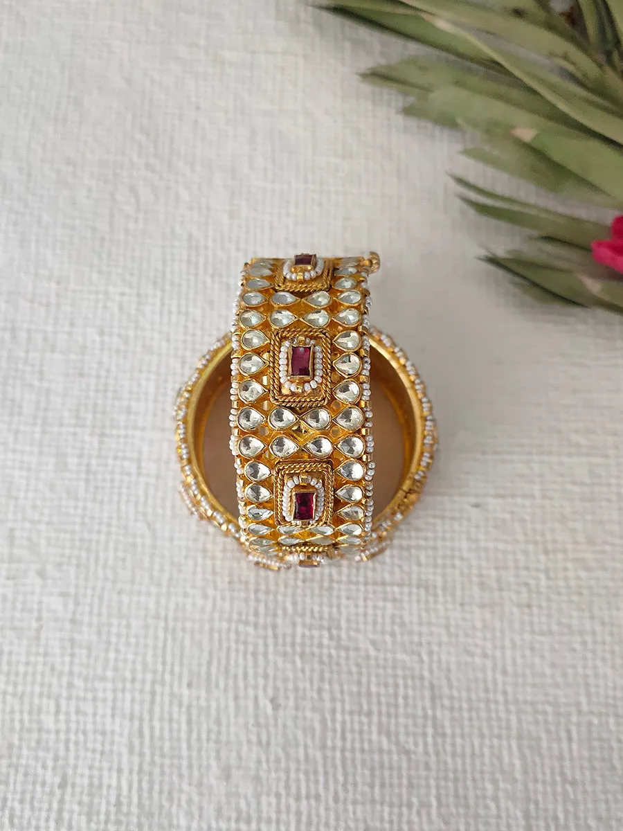 Red Color Gold Plated Jadau Kundan Bangles - MB46R