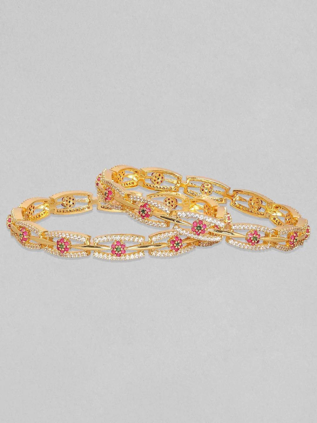 Rubans Set Of 2, 24K Gold Plated Red & Green Zircons Minimal Bangles