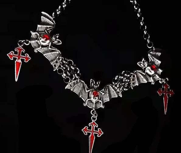 Silver Bat Necklace w/ Red Cross Details