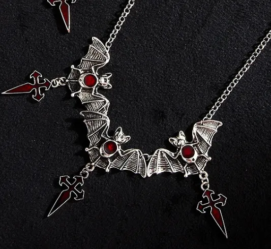 Silver Bat Necklace w/ Red Cross Details