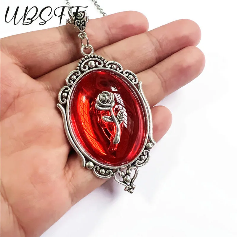 Silver Cameo Necklace w/ Red Backing and Silver Rose Detail