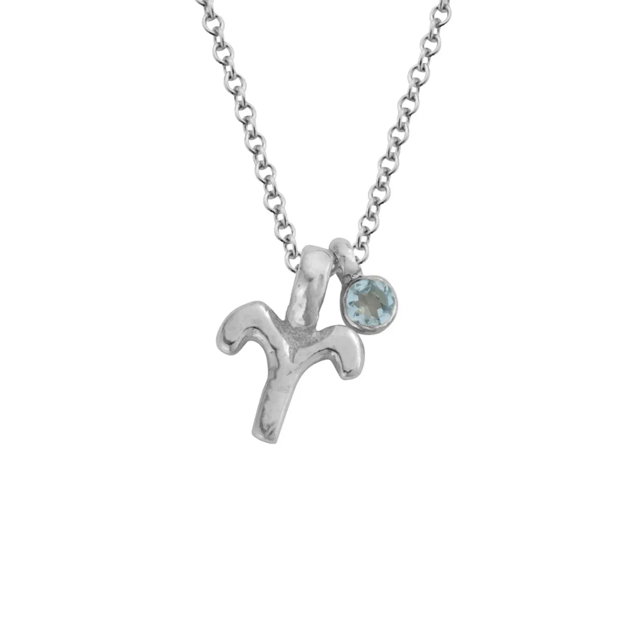 Silver Mini Aries Horoscope & Aquamarine Birthstone Necklace