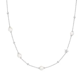 Silver Pearl and Star Station Necklace