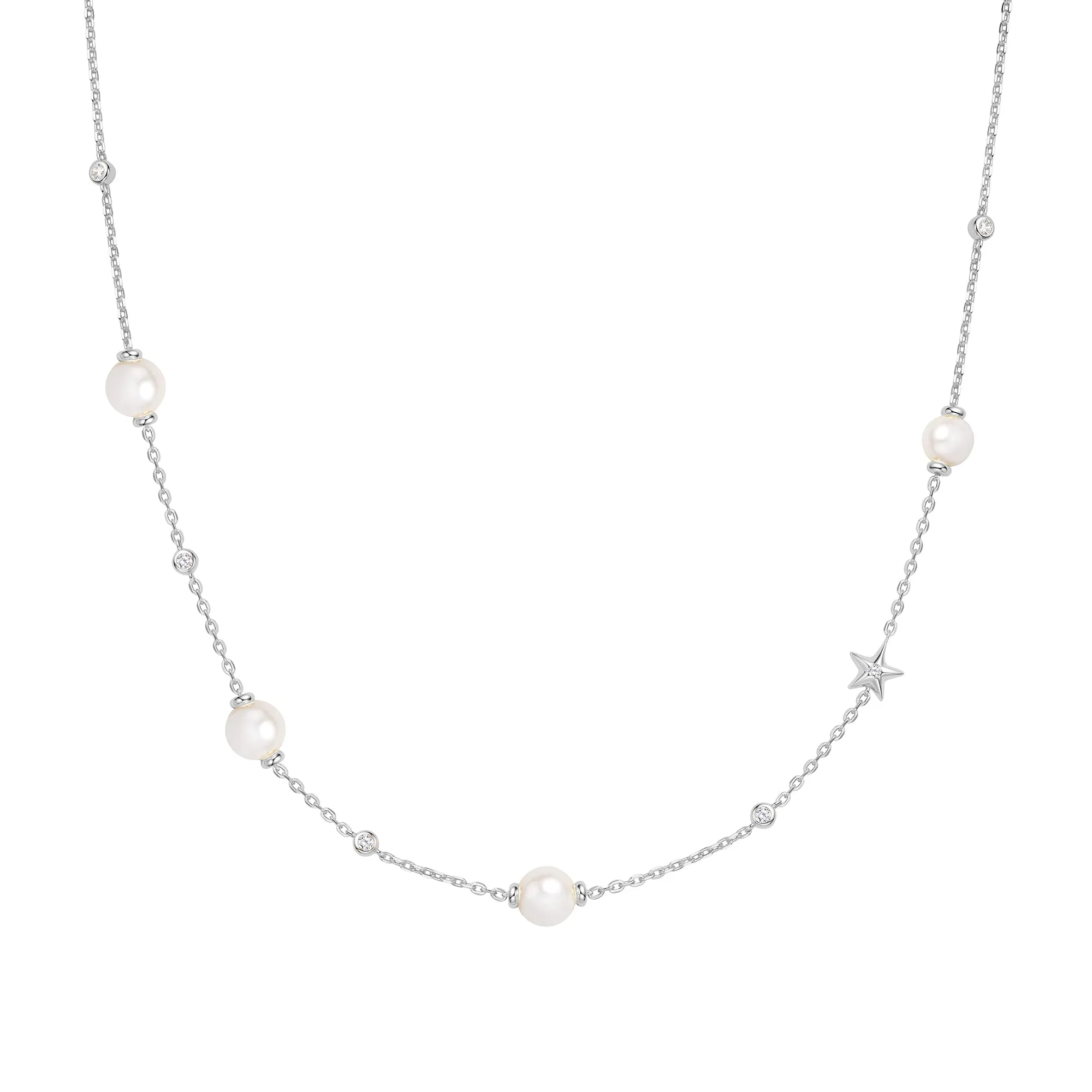 Silver Pearl and Star Station Necklace